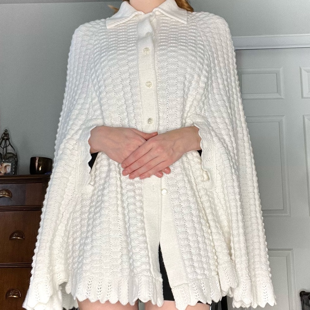 Handmade Thick Knit One Size Ivory Poncho Cape Coat